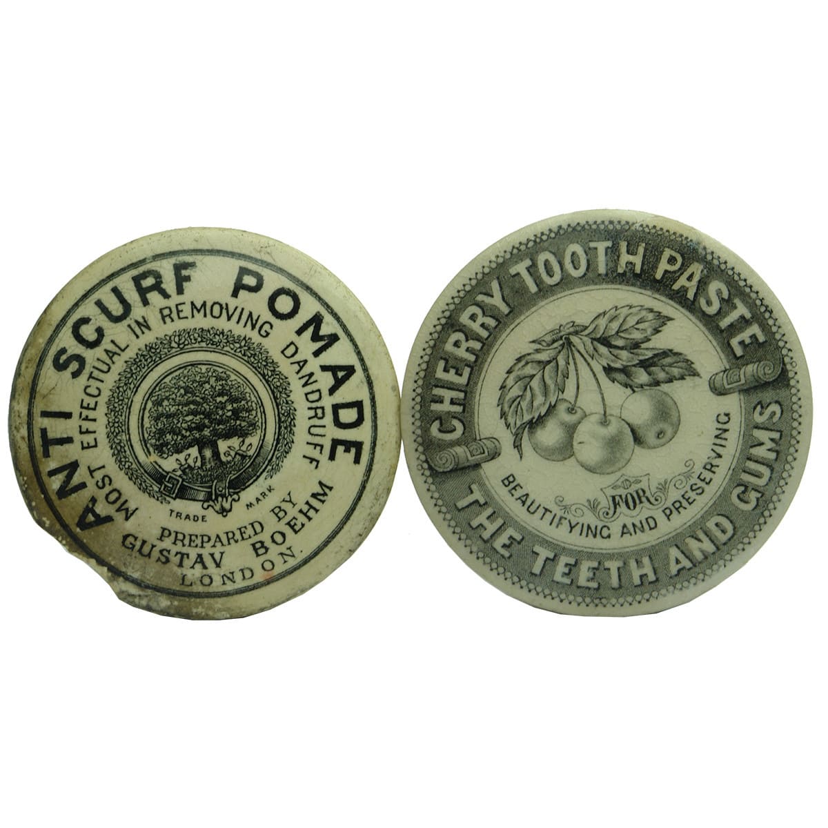 Pair of Pot Lids: Anti-Scurf Pomade, Gustav Boehm, London and Black & White Cherry Tooth Paste with Cherries.