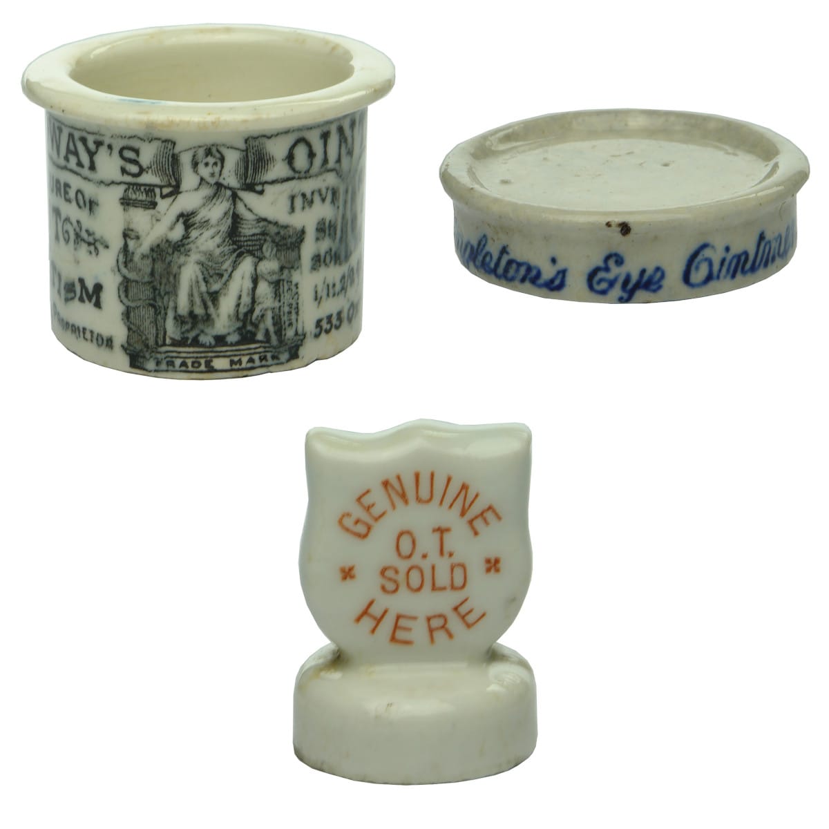 3 Ceramic Items: Holloway's Ointment Pot; Singleton's Eye Ointment; Genuine O. T. Sold Here advertising cork topper.