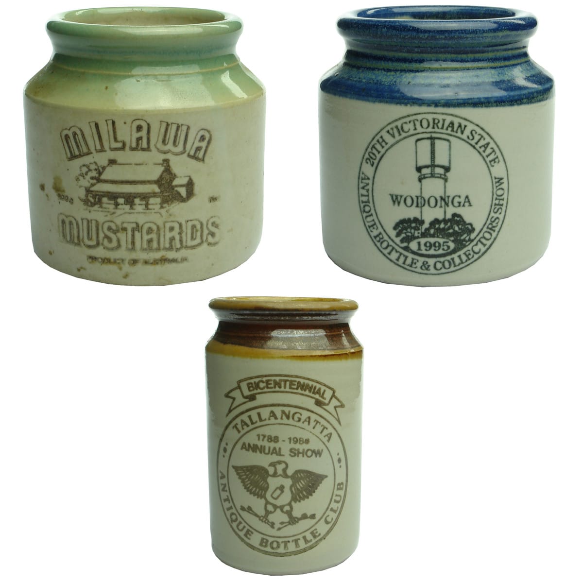 Three Pottery Jars. Milawa Mustards; 20th Victorian State Bottle & Collectors Show Wodonga; Tallangatta Bottle Club 1988. Brookfield Pottery Everton. (Victoria)