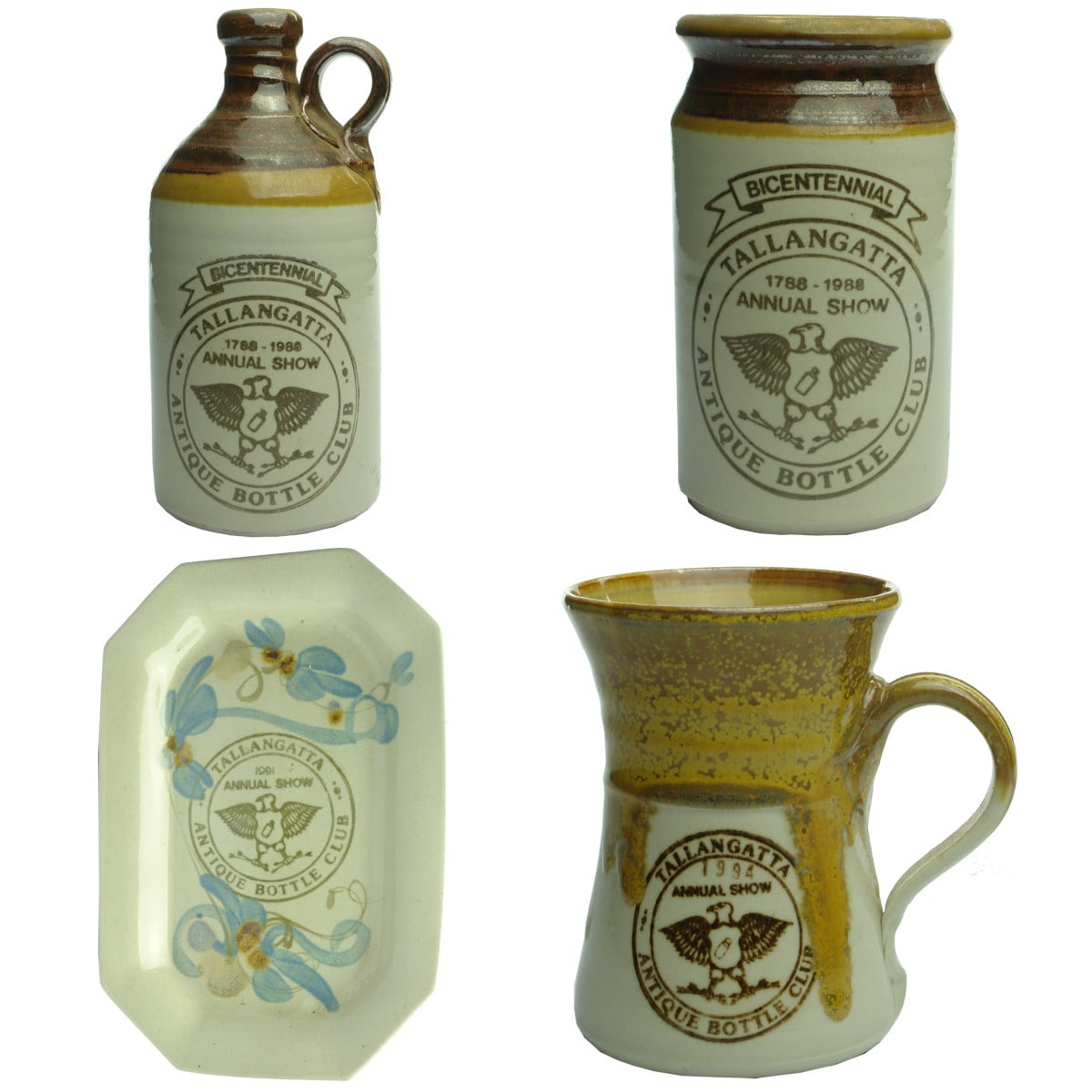 4 Pottery Show Prizes. Tallangatta Antique Bottle Club. Brookfield Pottery Everton. Port Crock; Wide Mouth Jar; Plate; Mug. (Victoria)