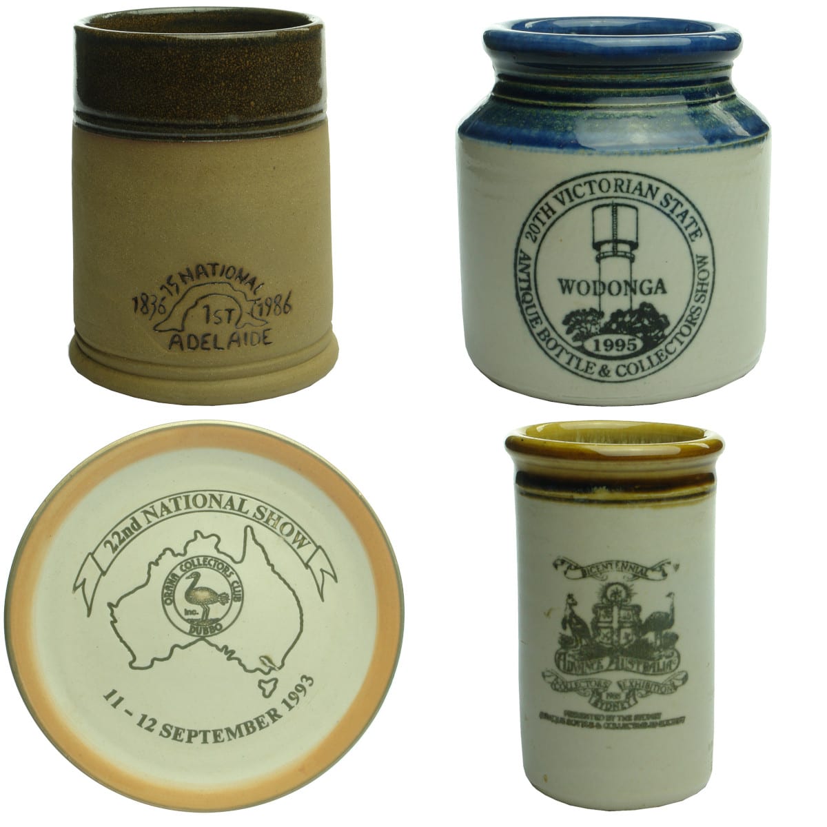 4 Pottery Show Prizes. 15th National Adelaide Mug; 20th Victorian State Show Wodonga Jar; 22nd National Dubbo Plate; Bicentennial Show Sydney Jar. Alston Park Pottery; Brookfield Pottery; Yarrabar Pottery.