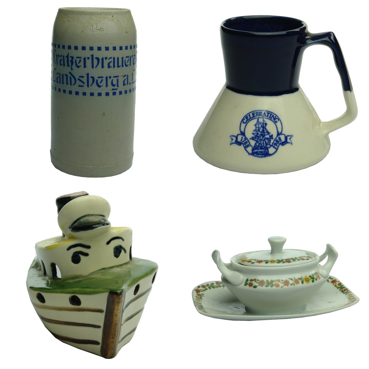 Four pottery items: Beer Mug - Kratzerbraurei; Coffee Mug - Bendigo Pottery Australian Bicentenary; Decorative Boat; Sauce Container.