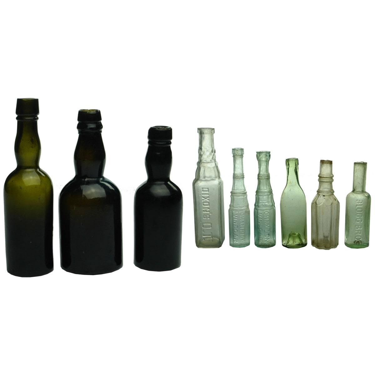 Nine Sample Bottles: 3 x black glass; Dixon's OT; 2 x Champions Vinegar; Fluted Harper & Co; Blogg Bros; Cognac.