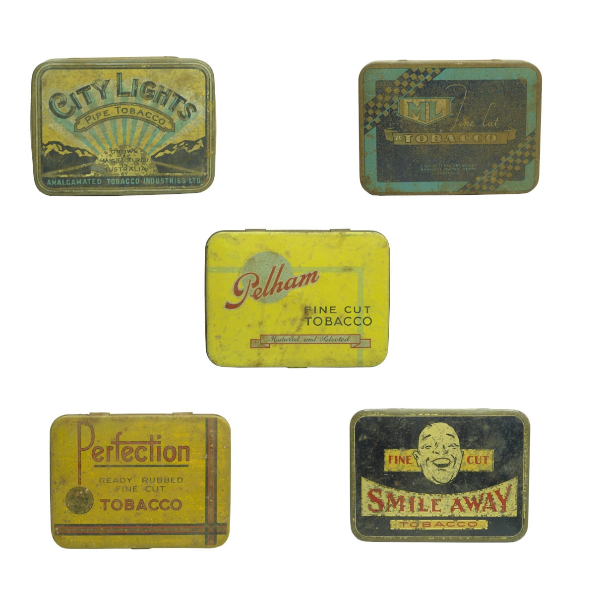 5 Tobacco Tins: City Lights; ML Fine Cut; Pelham; Perfection; Smile Away.