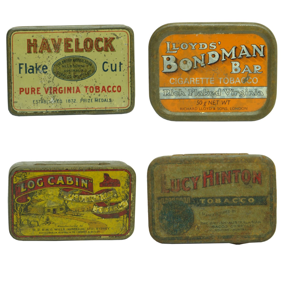 4 Tobacco Tins: Havelock; Lloyds' Bondman; Log Cabin; Lucy Hinton.