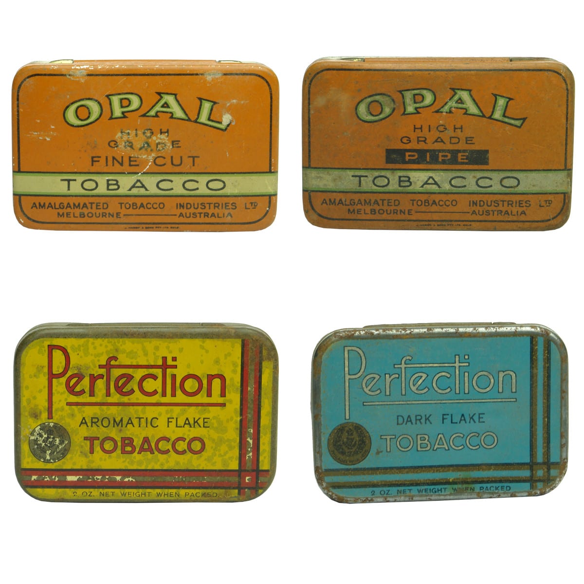 4 Tobacco Tins: Opal Fine Cut; Opal Pipe Tobacco; Perfection Aromatic Flake; Perfection Dark Flake.