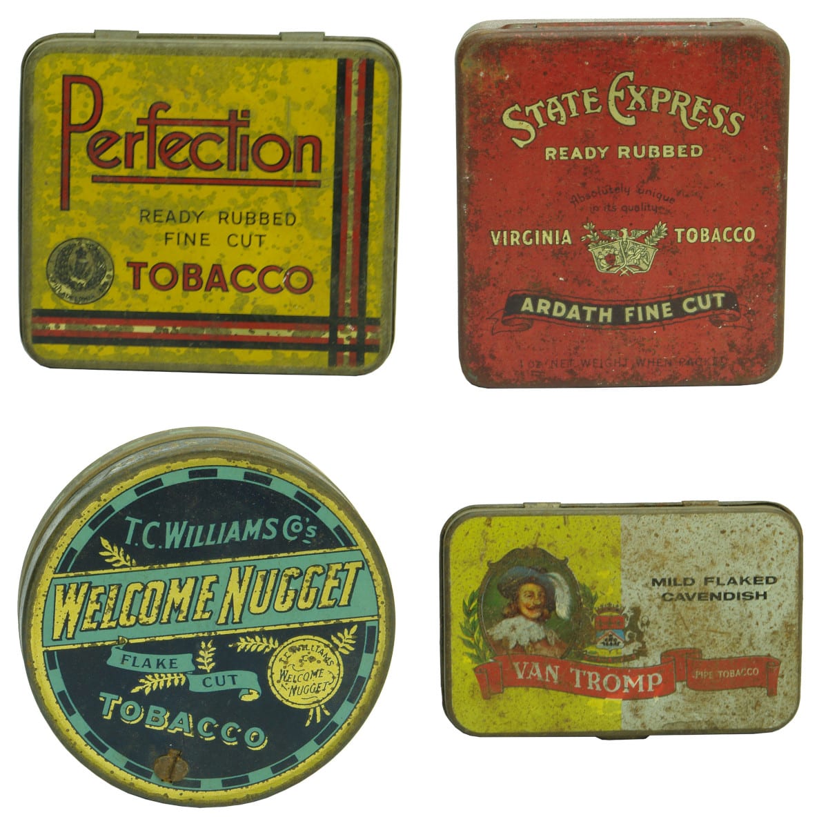 4 Tobacco Tins: Perfection; State Express; Welcome Nugget; Van Tromp.
