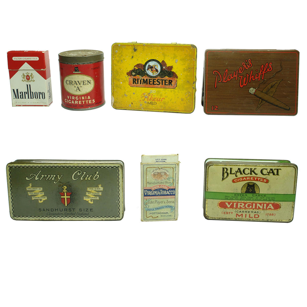 Seven Cigarette & Cigar tins and packets: Army Club; Players x 2 different; Black Cat; Craven A; Marlboro.