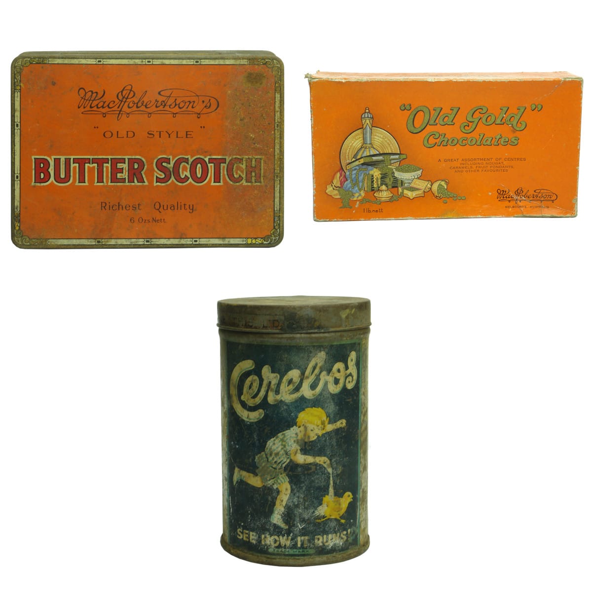 3 Items. 2 Tins & Box. MacRobertson's "Old Style" Butter Scotch Tin. 6 oz. Box. MacRobertson "Old Gold" Chocolates 1 Pound Cardboard Box. Cerebos Table Salt.