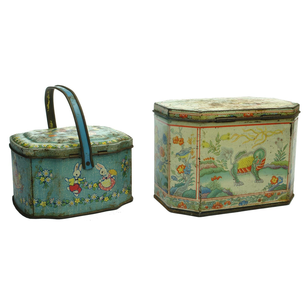 Tins. Handled tin with ducks for Boy Blue Assortment of Toffees, 8 oz.; Huntley & Palmers Biscuits tin with Oriental Scenes. (United Kingdom)