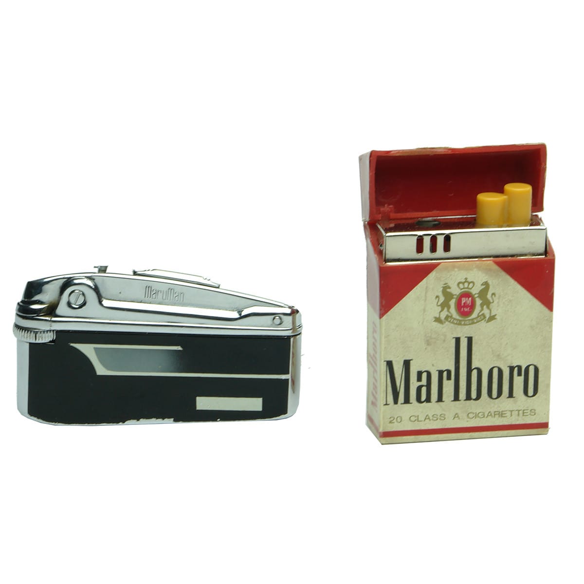 Pair of Lighters: Maruman in packet with instructions; Lighter made like a Marlboro packet.