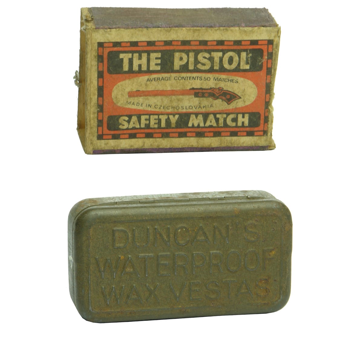 Tobacciana. The Pistol Safety Match Box and Duncan's Waterproof Vesta's tin case.