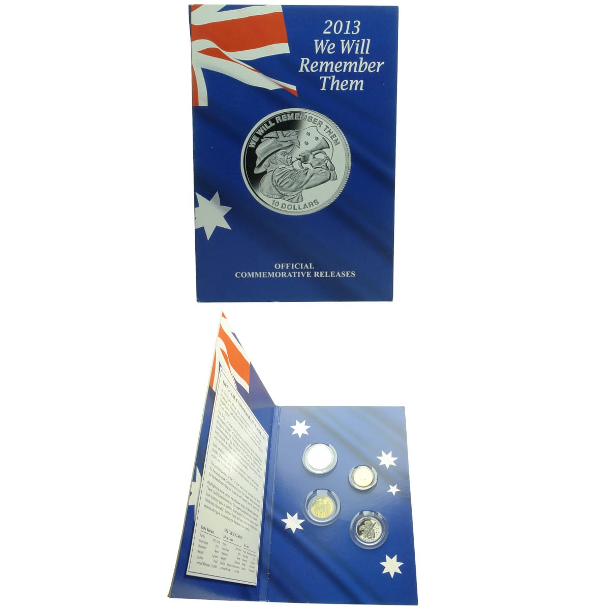 Coins. 2013 We Will Remember Them Commemorative Release, $10 'Army Bugler' Silver Coin and $2 Remembrance Commemorative Coin.