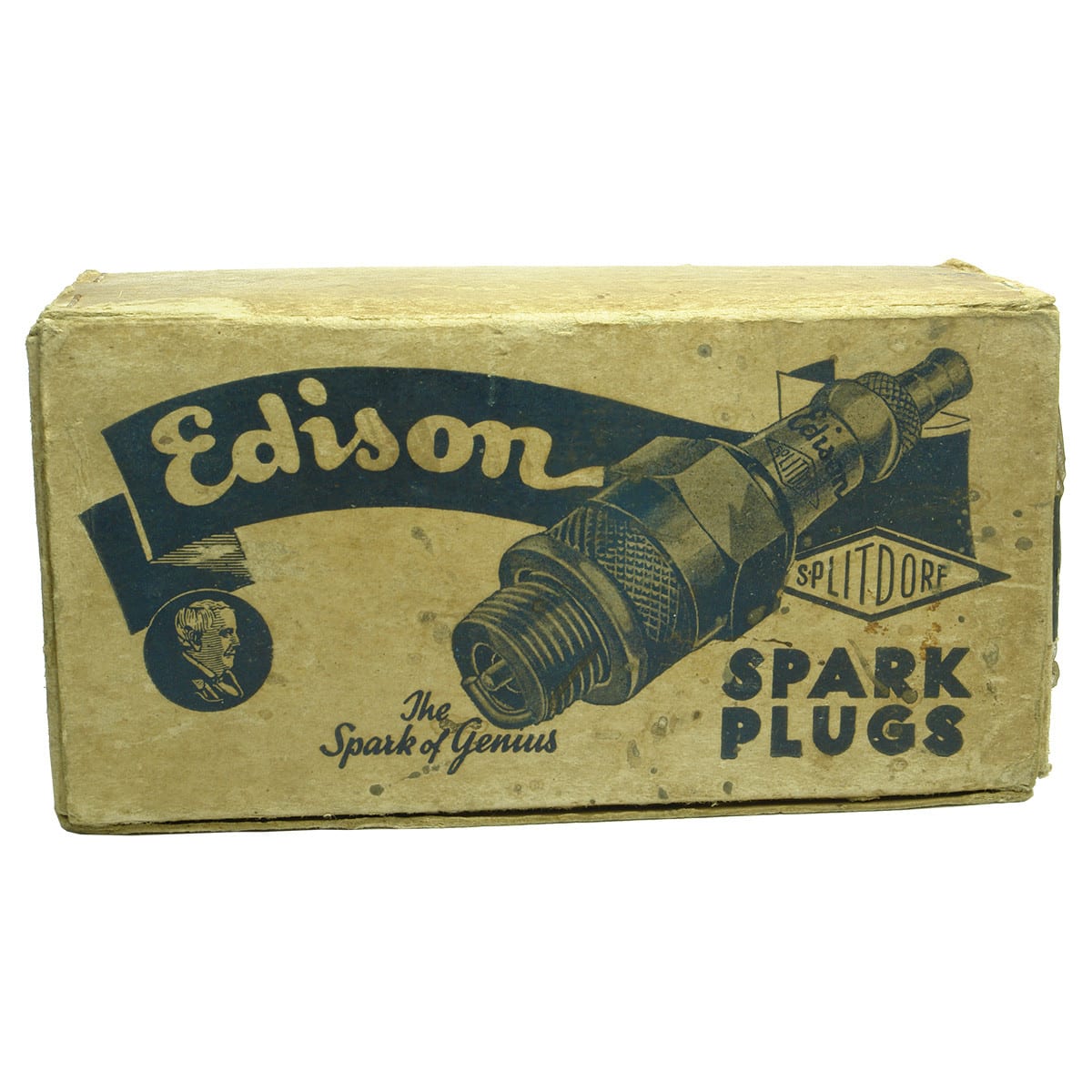 Garagenalia. Box of Edison Splitdorf Spark Plugs, Sydney, Australia under arrangement with corporation in West Orange, N. J., U. S. A. (United States)