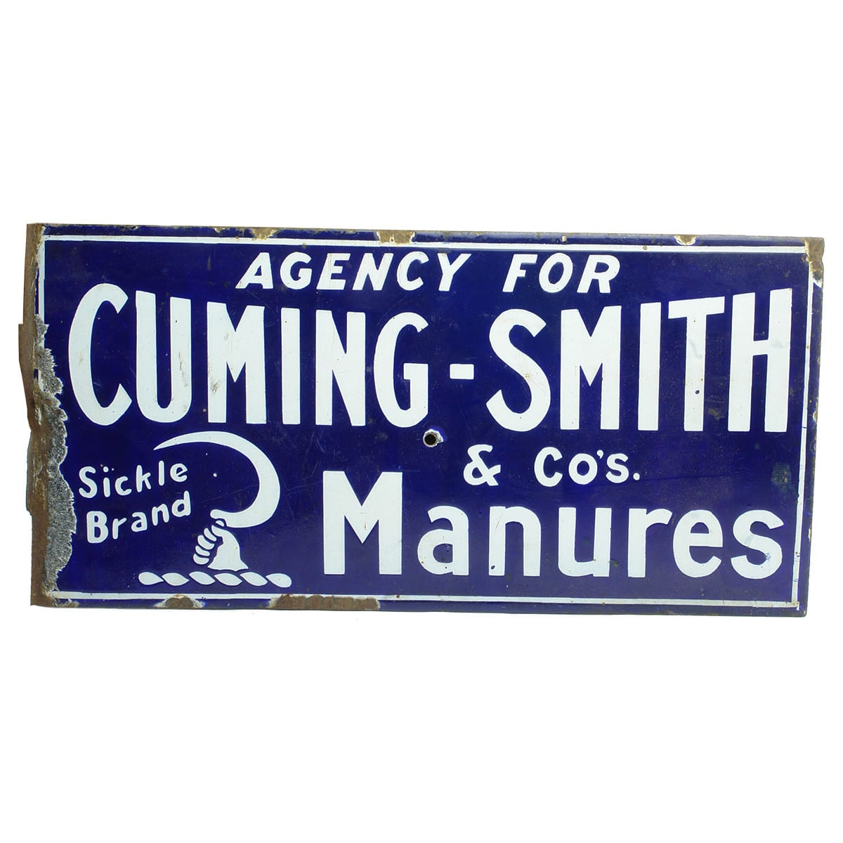 Sign. Cuming-Smith & Co's Sickle Brand Manures. White on Dark Blue. Double Sided. (Victoria)