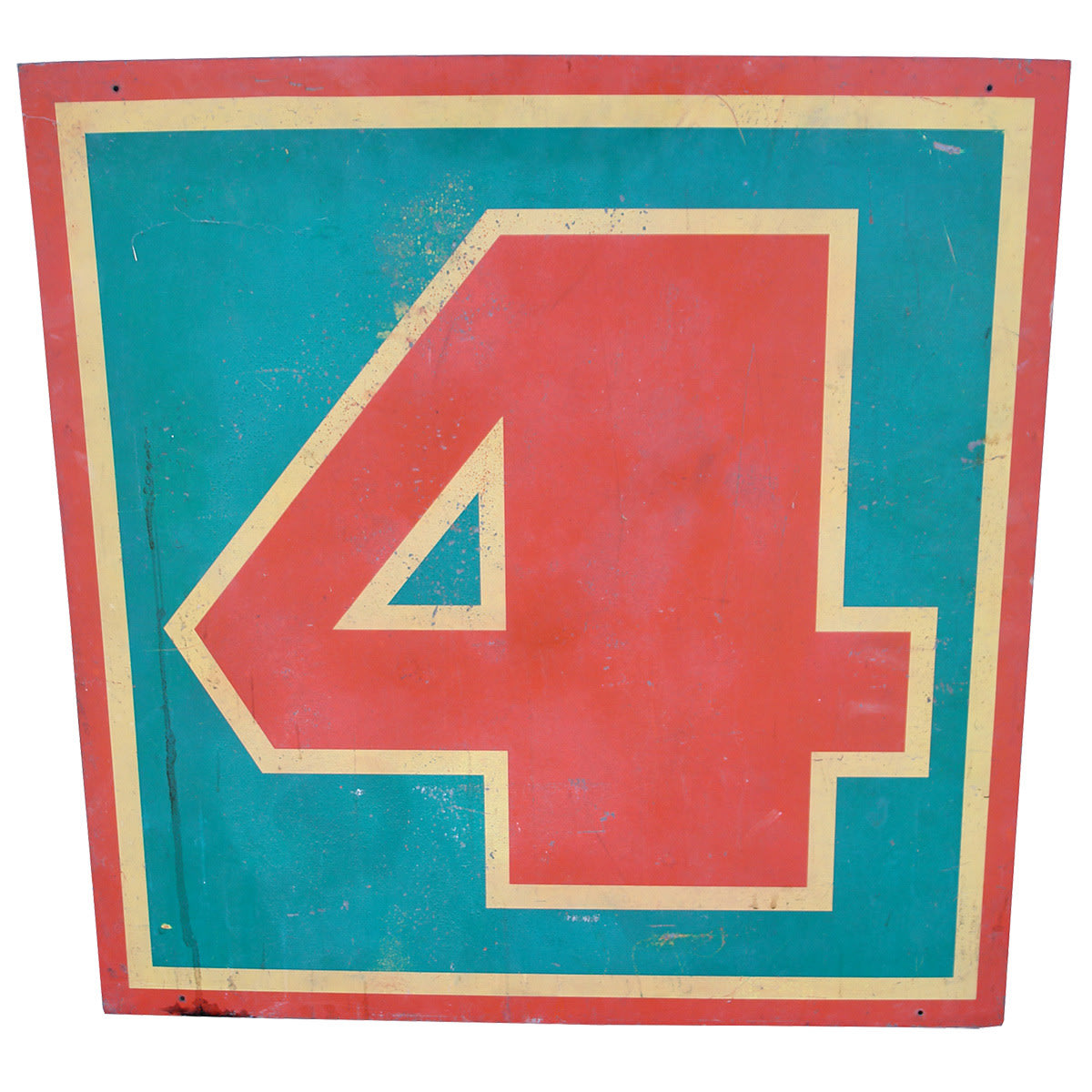 Painted tin sign. Large red 4 with yellow & green. Four Square Stores.