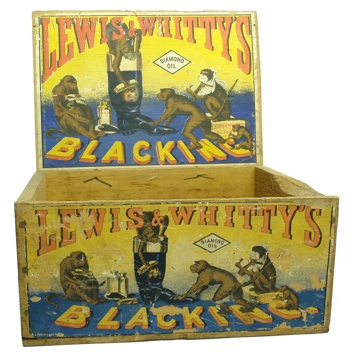Wooden Box. Lewis & Whitty's Blacking with Monkeys on Colourful Labels. (Victoria)