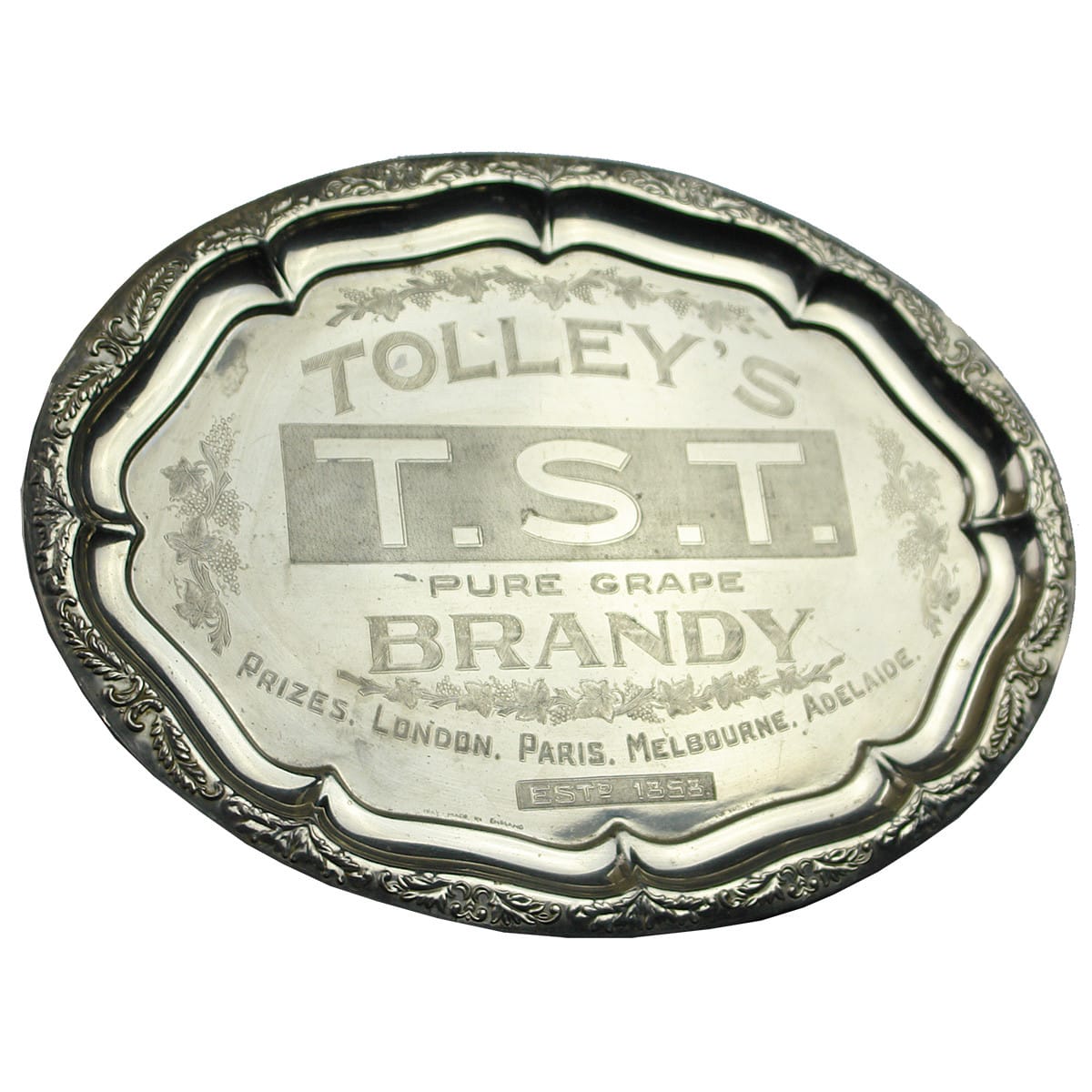 Spirits. Tolley's T. S. T. Pure Grape Brandy Advertising Tray. (South Australia)
