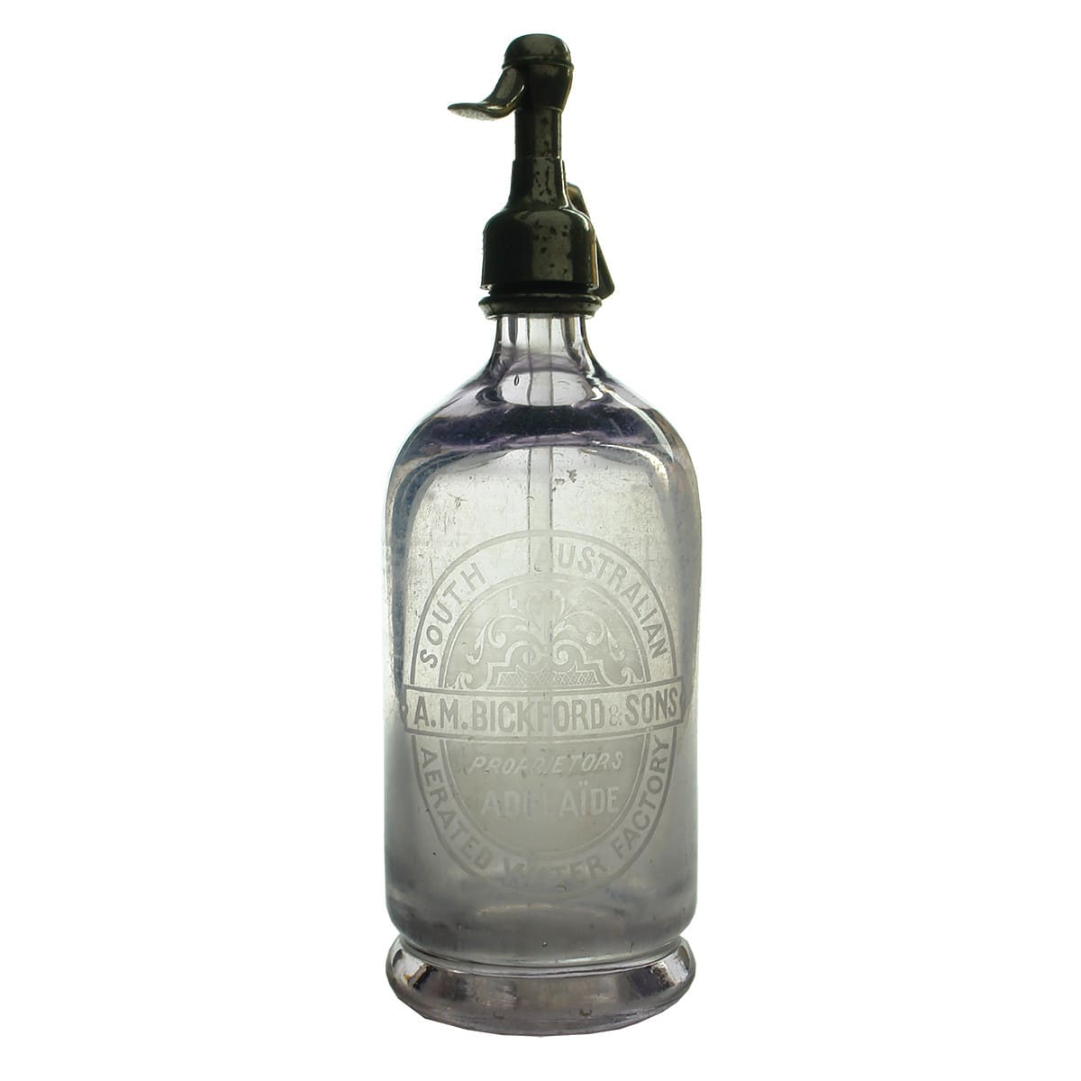 Soda Syphon. A. M. Bickford & Son South Australian Aerated Water Factory, Adelaide. Amethyst. 30 oz. (South Australia)