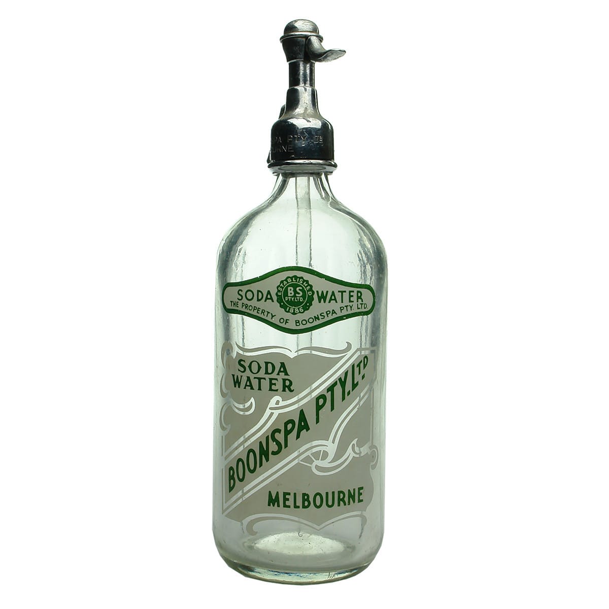 Soda Syphon. Boon Spa Pty. Ltd., Melbourne. Green & White Ceramic Label. Boonspa on bottle. (Victoria)