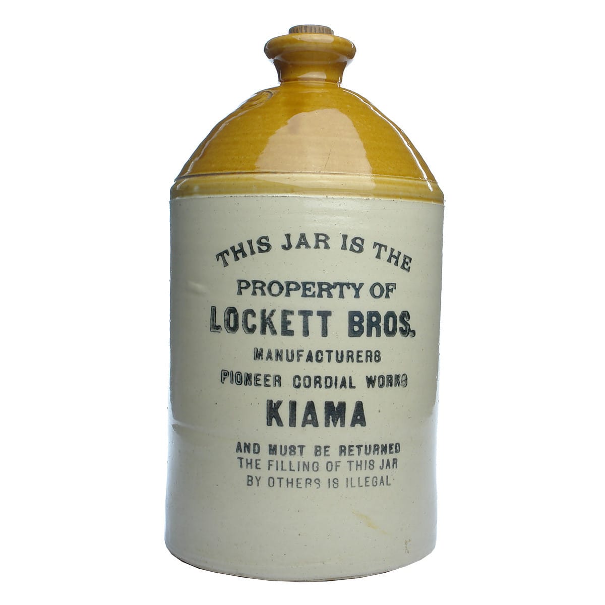 Demijohn. Lockett Bros. Pioneer Cordial Works, Kiama. Tan Top. Internal Thread. 1 Gallon. (New South Wales)