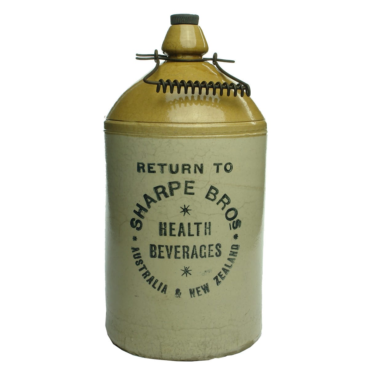 Demijohn. Sharpe Bros. Health Beverages. Australia & New Zealand. Circular badge.