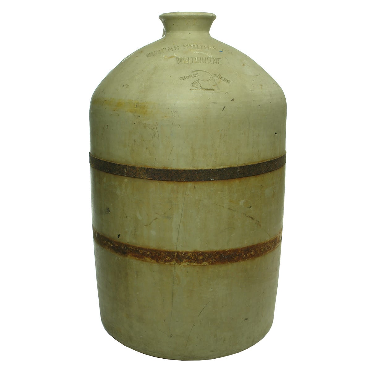 Demijohn. Cuming Smith & Co., Melbourne. Cornwells Brunswick Pottery. Internal Thread 2 Gallon. (Victoria)