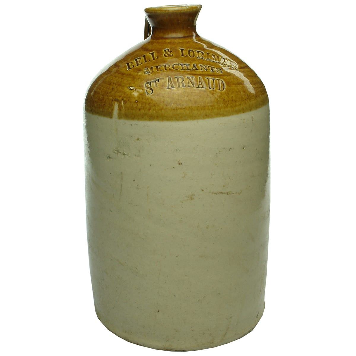 Demijohn. Bell & Lorimer, Merchants, St. Arnaud. Impressed. Tan Top. 1 Gallon. (Victoria)