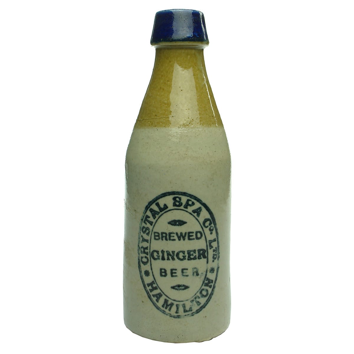 Ginger Beer. Crystal Spa Co Ltd. Hamilton. Blue top tri-colour. Bendigo Pottery. (Victoria)