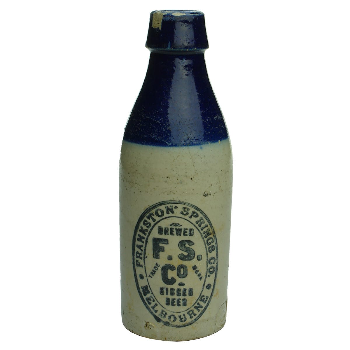 Ginger Beer. Frankston Springs Co., Melbourne. Blue Top. F. S. Co trade mark. Bendigo Pottery. (Victoria)