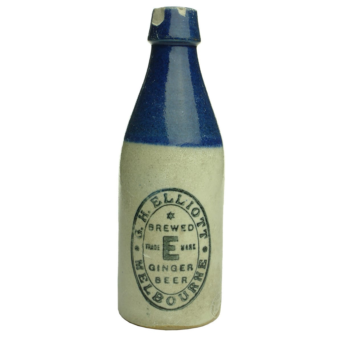 Ginger Beer. G. H. Elliott, Melbourne. Blue Top. Champagne. Bendigo Pottery. (Victoria)