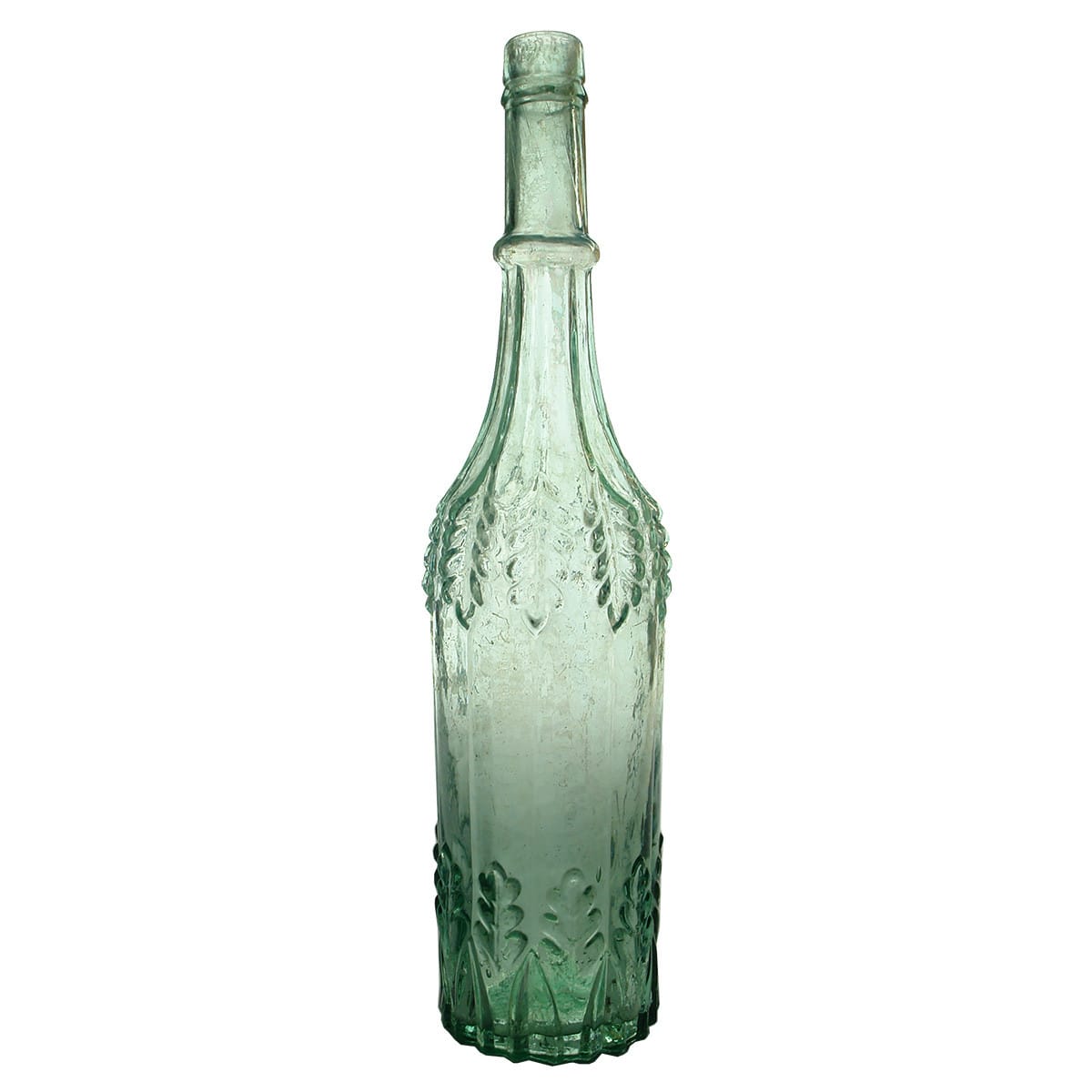 Goldfields. Robert Thin, Leaf Bottle. Aqua. 26 oz.