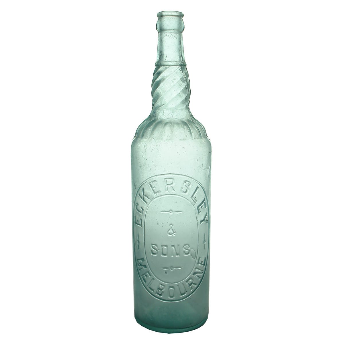 Cordial. Eckersley & Sons, Melbourne. Crown Seal. Barley Twist neck. Blue Aqua. 26 oz. (Victoria)