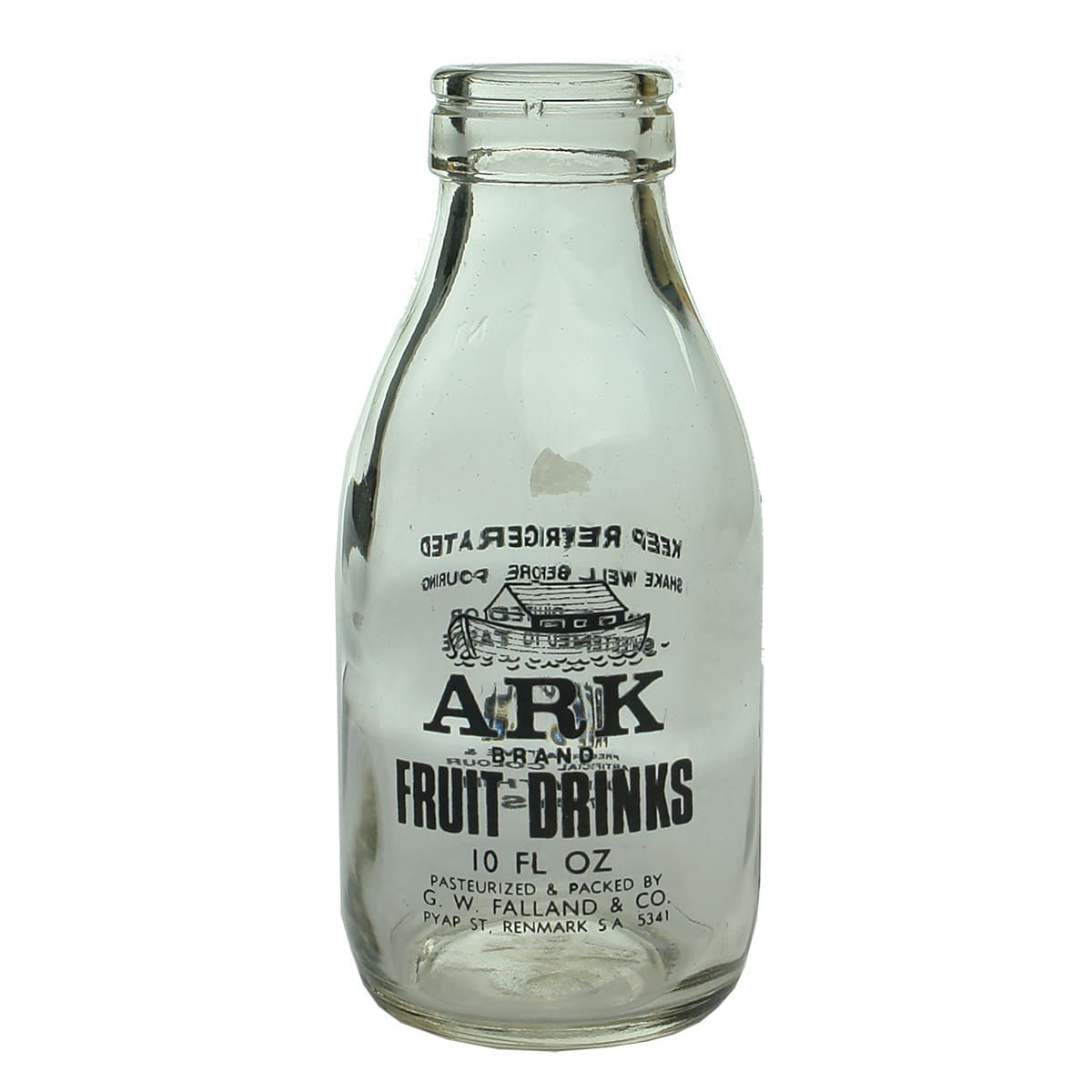 Milk. Well maybe Fruit Juice. ARK Brand Fruit Drinks. Falland, Renmark. Foil top milk shape. 10 oz. (South Australia)