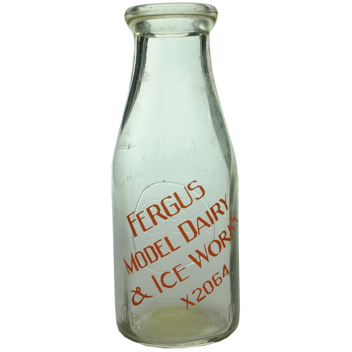 Milk. Fergus, Model Dairy & Ice Works, Brighton. Wad Lip. Clear. Ceramic Label and Embossed. 1 Pint. (Victoria)