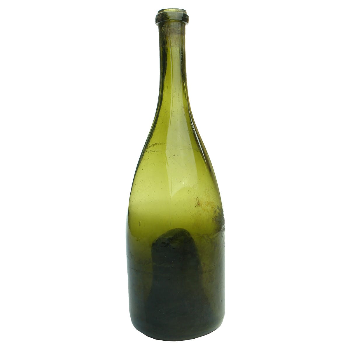 Very early Champagne bottle. Deep punt. Stretched neck. Thin Lip.