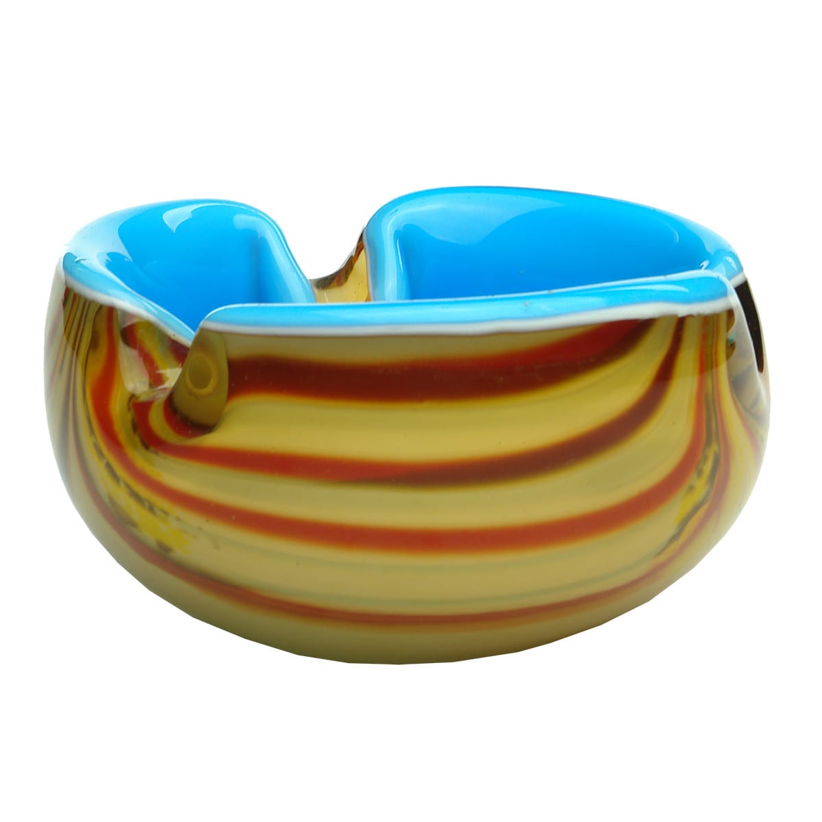 Ashtray. Murano Glass? Or at least something like that. Blue inside. Red, Brown and Yellow swirls.