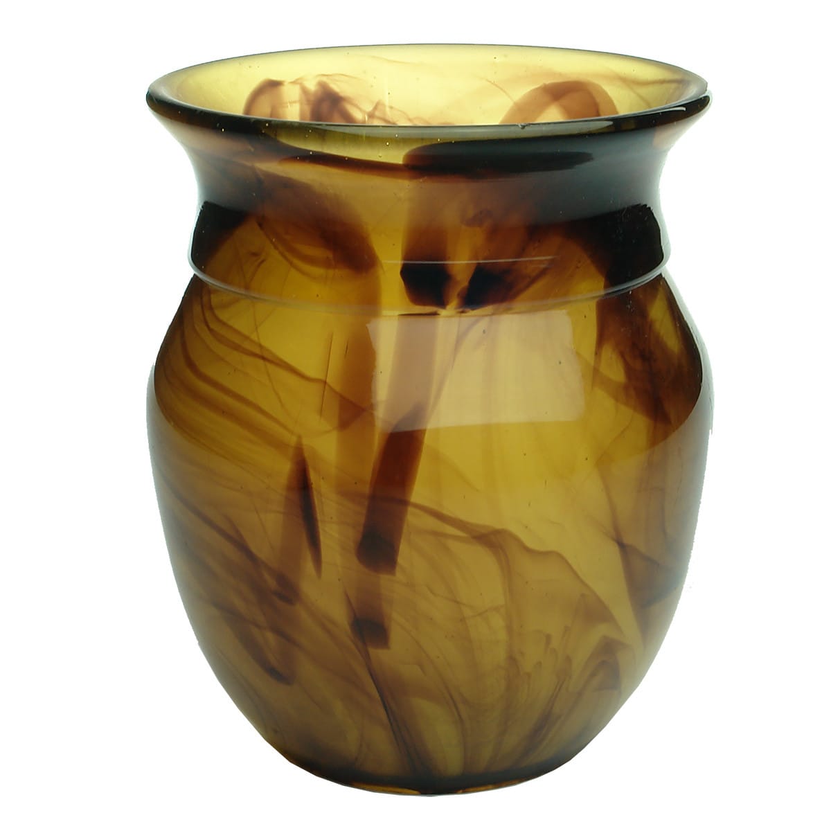 Amber Cloud Glass Vase. Squat with ridged shoulder. Davidson Glass.