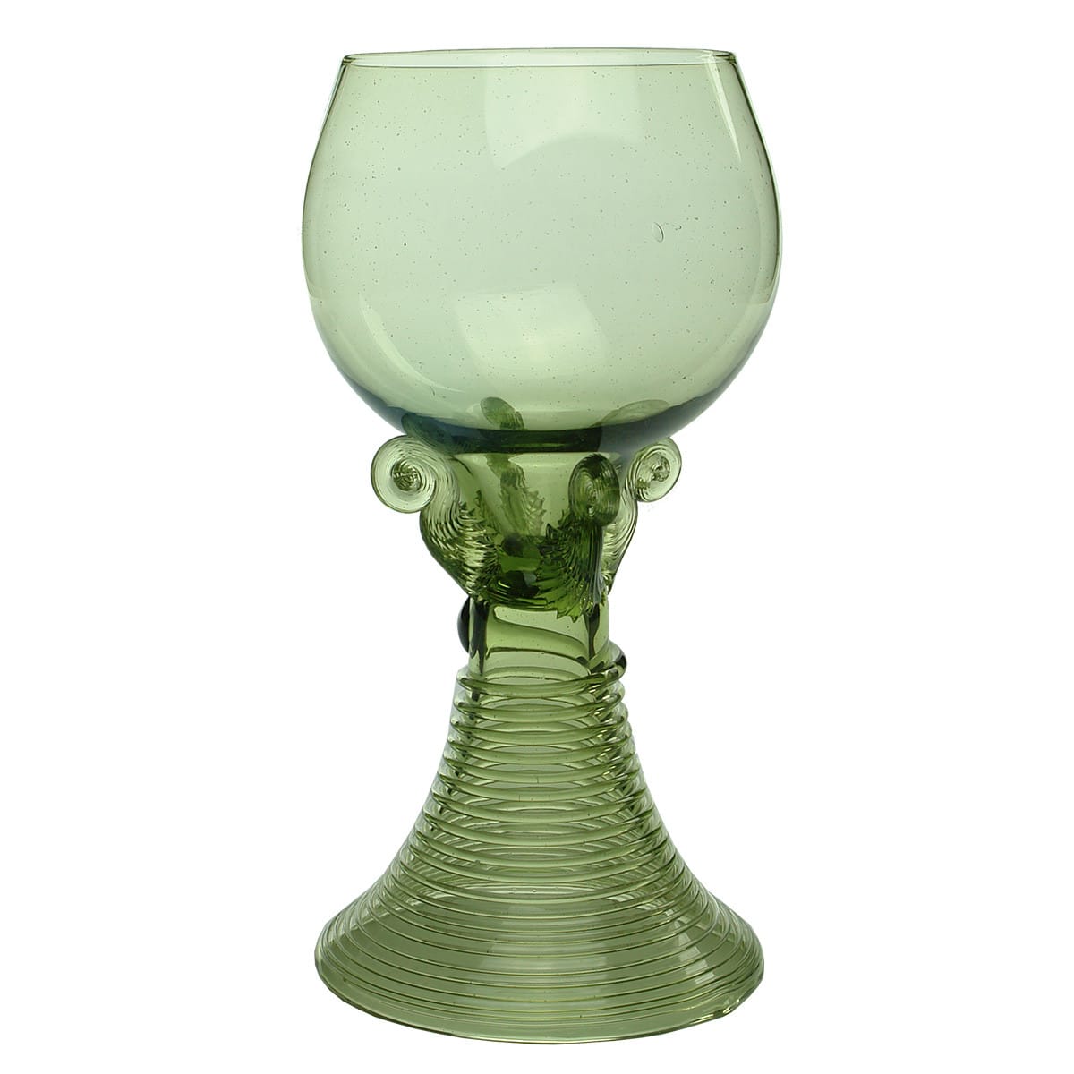 Large goblet style glass. Spiral glass pattern to the base. Four large decorations under the bowl. Light green.