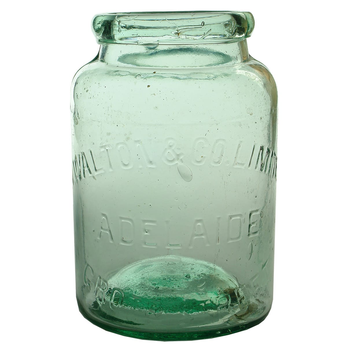 Lolly Jar. A. Walton & Co Limited., Grote Street, Adelaide. Aqua. Half Gallon. (South Australia)