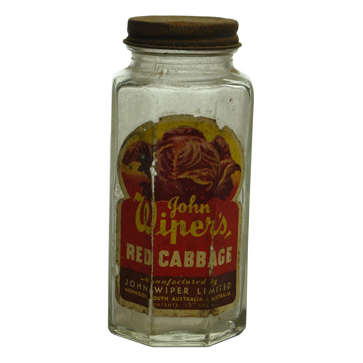 Jar. John Wiper, Adelaide. Original Red Cabbage Label. Clear. 16 oz. (South Australia)