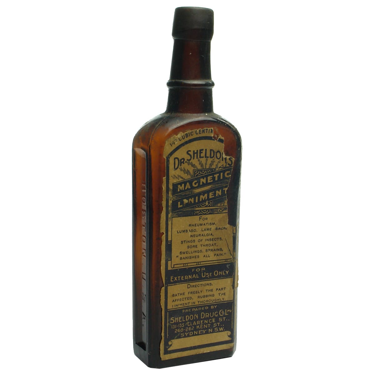 Cure. Dr. Sheldon's Magnetic Liniment. Boston & Sydney. Dark Amber. Original Label. 5 oz.