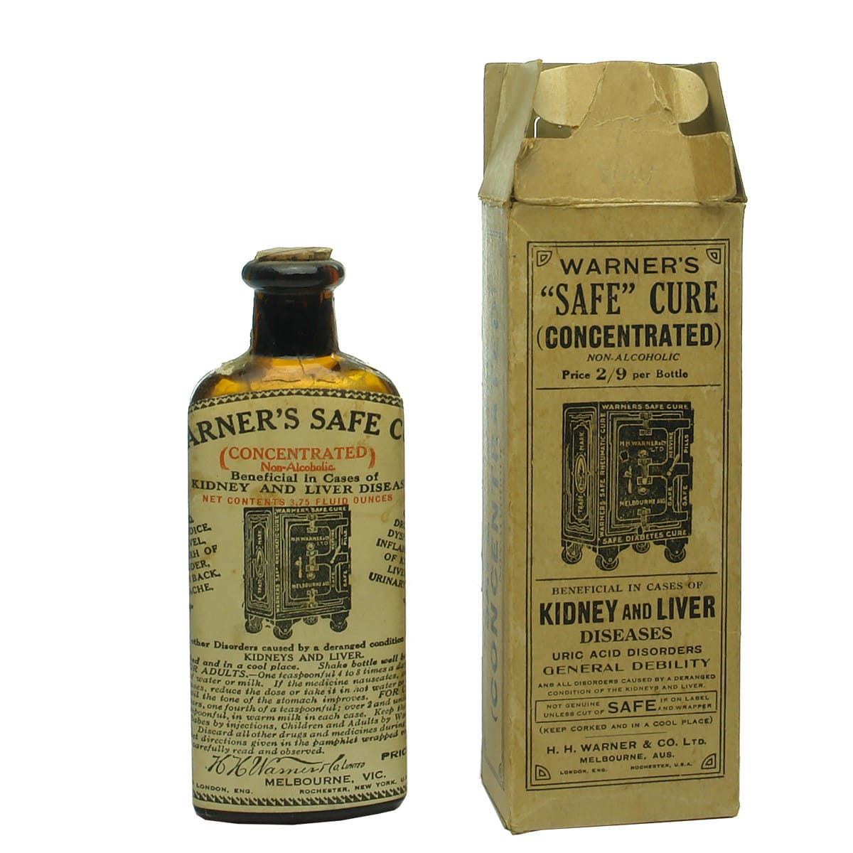 Cure. H. H. Warner & Co. Ltd. Melbourne. Safe Cure Concentrated. Contents, Label & Box.