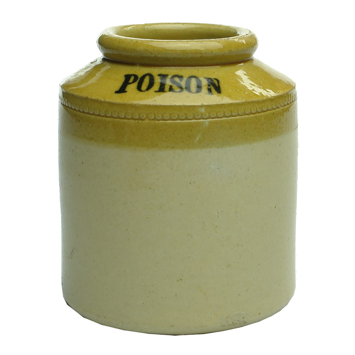 Stoneware Poison Jar. Printed Poison on shoulder. No potters stamp. Tan Top. 105 mm