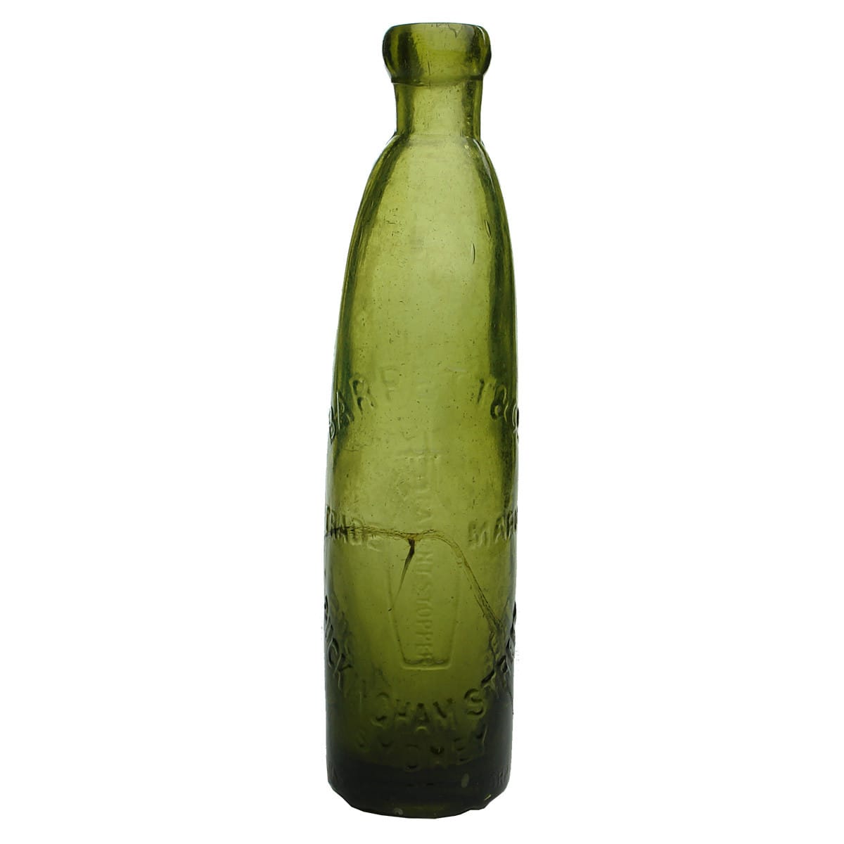 Stick Bottle. Barrett & Co., Buckingham Street, Sydney. J. Ross Maker. Olive Green. 10 oz. (New South Wales)