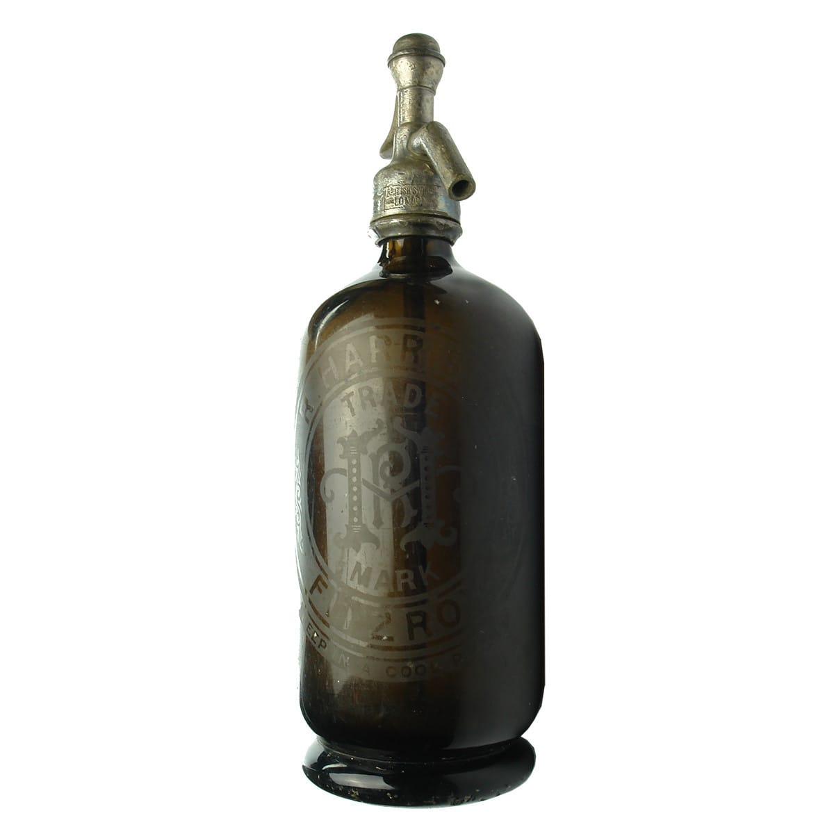 Soda Syphon. R. Harrison, Fitzroy. Unnatural zapped Amber colour. (Victoria)