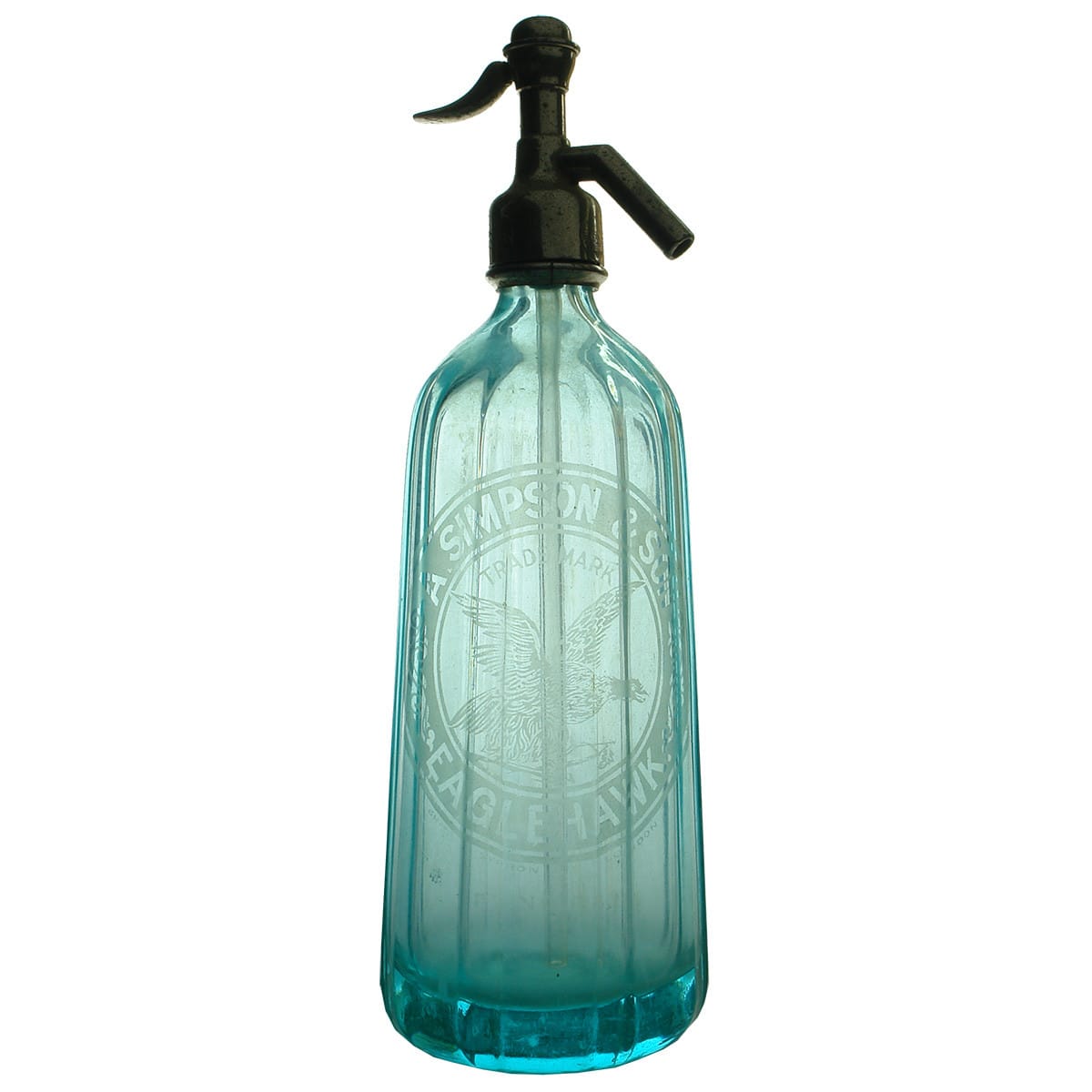 Soda Syphon. A. Simpson, Eaglehawk. Pyramid shape. Turquoise Uranium Glass. 30 oz. (Victoria)