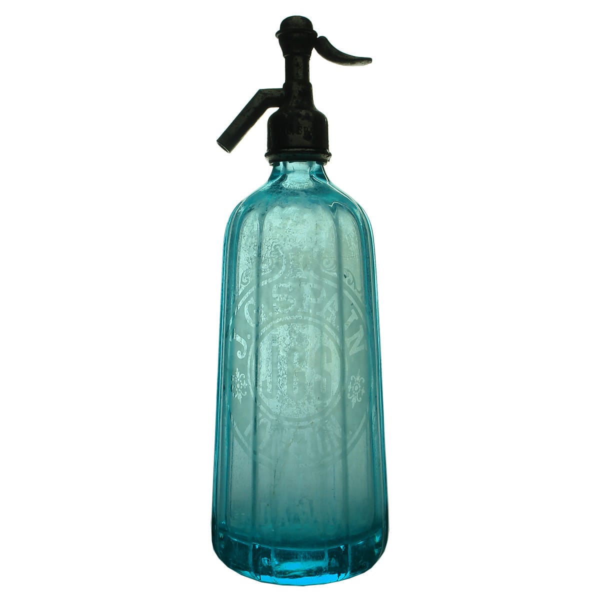 Soda Syphon. J. G. Spain, Kyneton. Pyramid shape. Turquoise/Blue with Uranium glass glow. 30 oz. (Victoria)