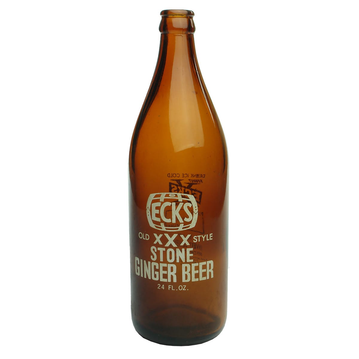 Glass Ginger Beer. Ecks NSW. Old Style. Amber. White Ceramic Label. 24 oz. (New South Wales)