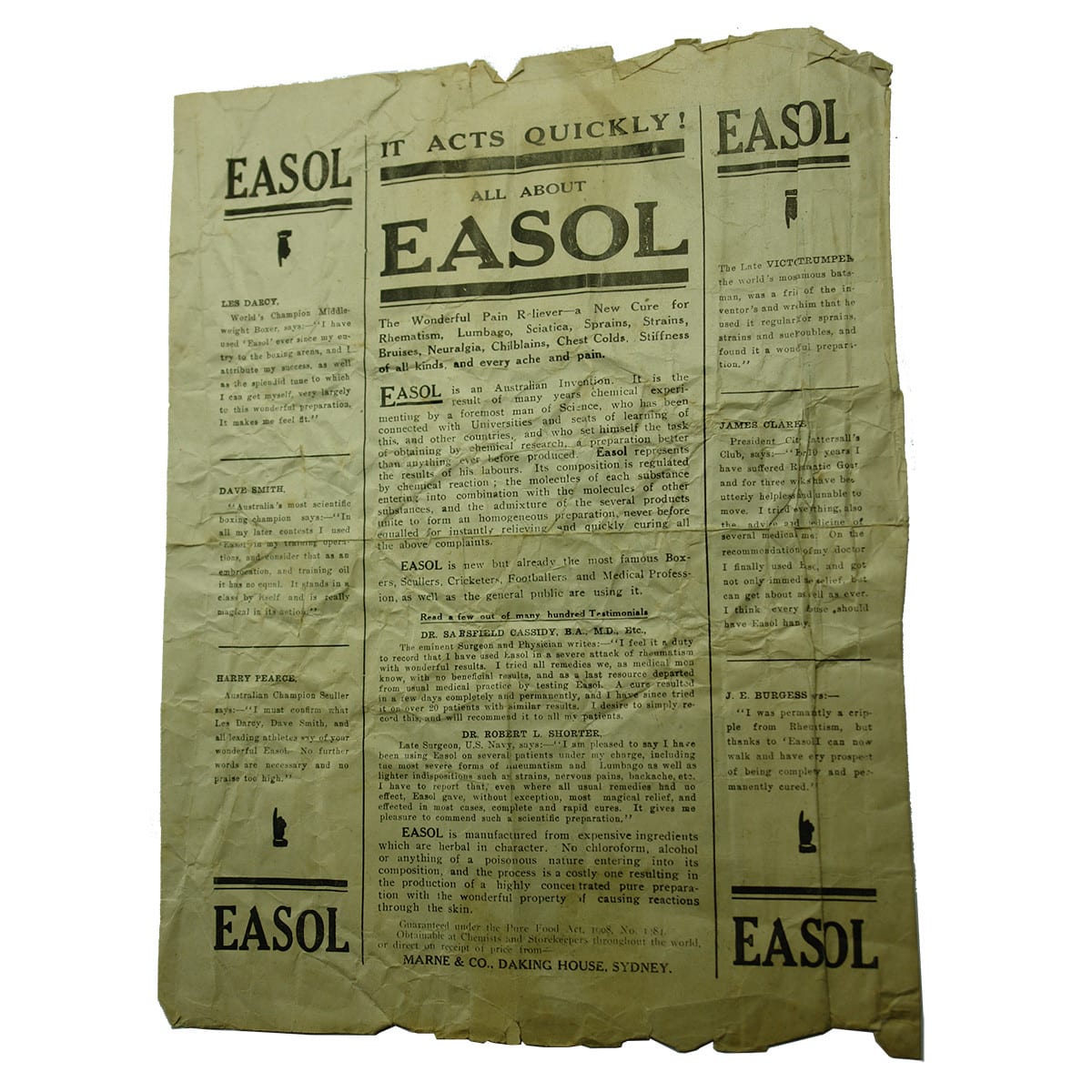 Advertising Leaflet. Easol - The Wonderful Pain Reliever. Rheumatism, Lumbago, Sciatica...Marne & Co., Daking House, Sydney. Les Darcy, Dave Smith, Harry Pearce, Victor Trumper.